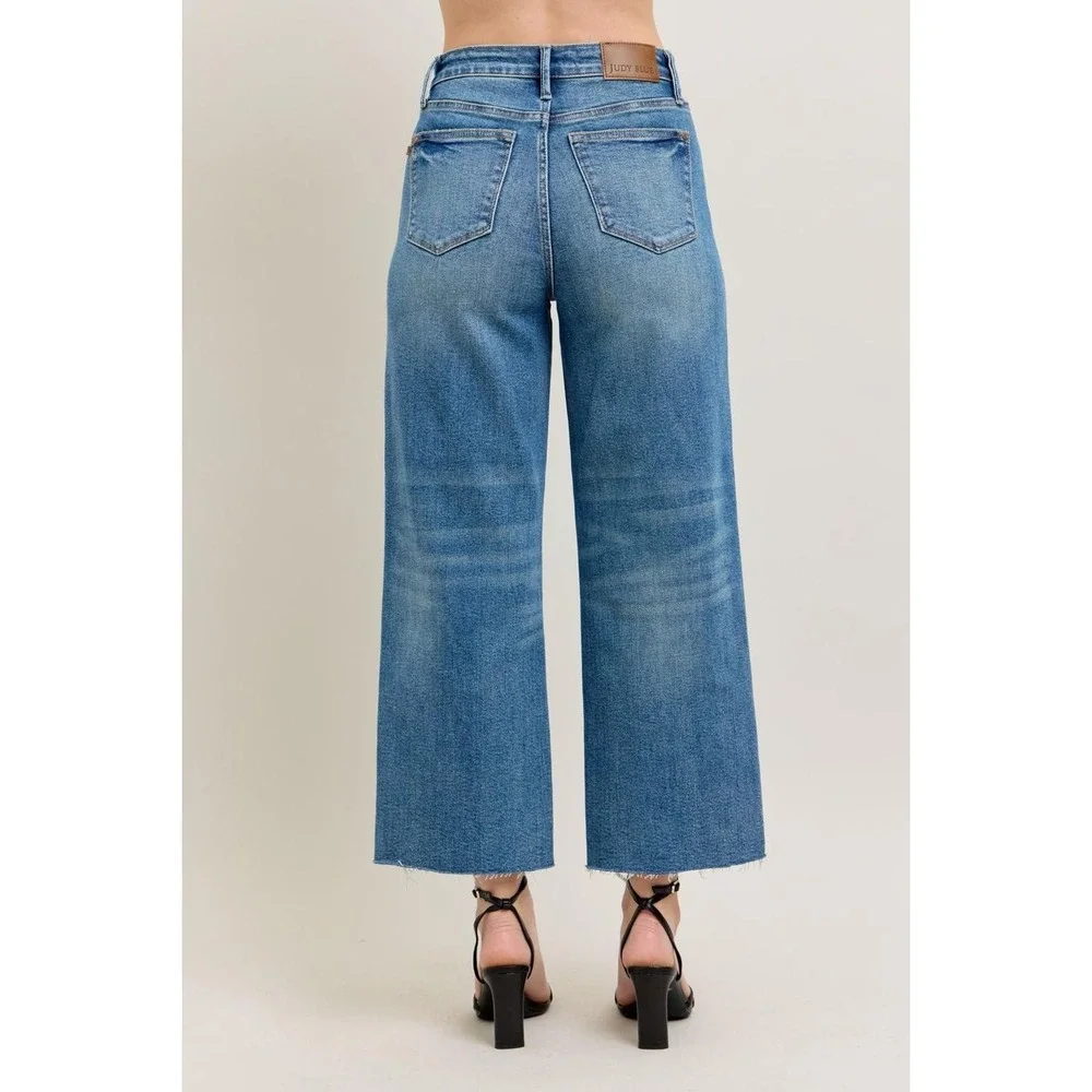 Judy Blue Wide Leg High Waist Rigid Magic Destroy Hem Crop Denim Jeans 7 / 28 - Picture 16 of 16